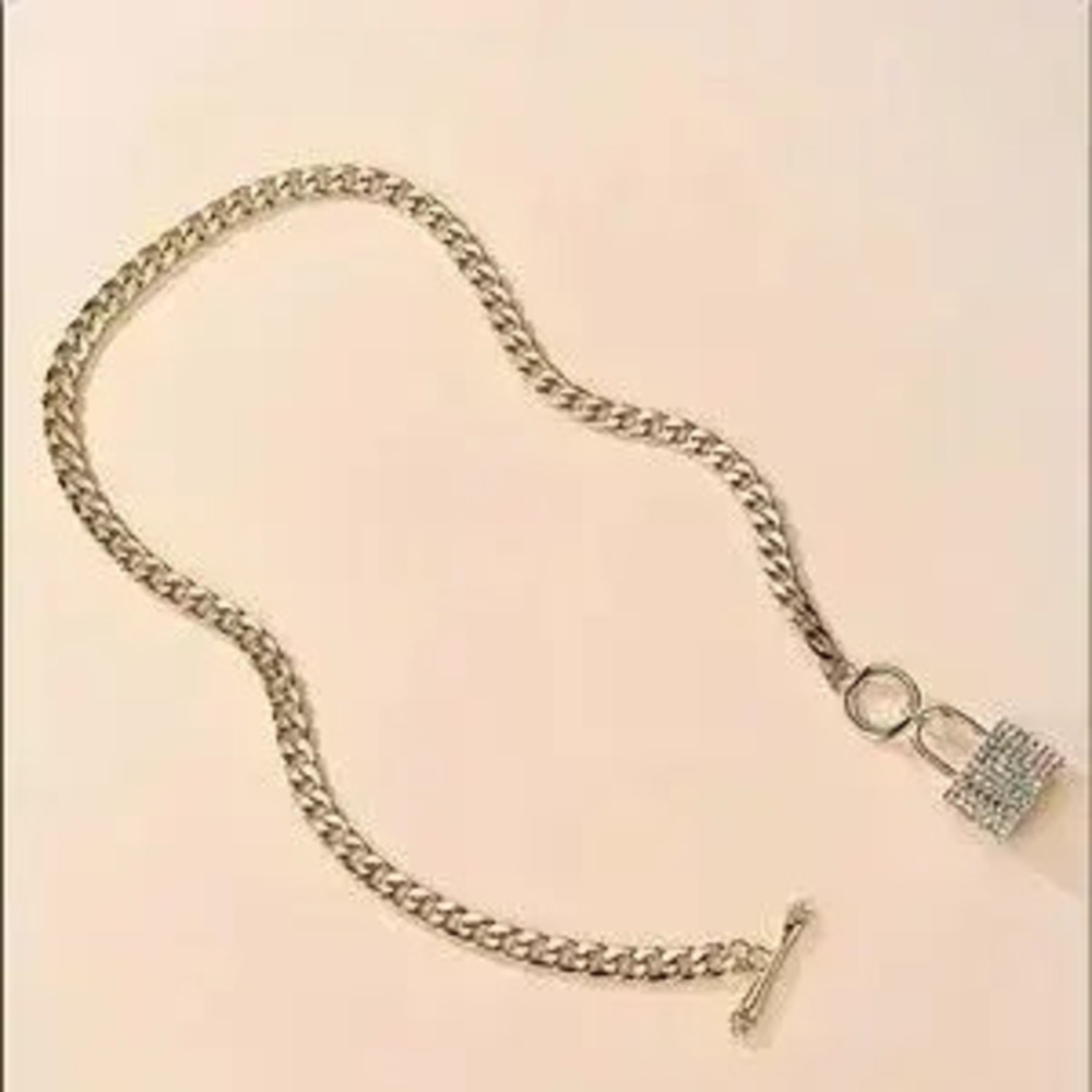 Gold Lock Rhinestone Chain Link Toggle Necklace - Picture 8 of 10